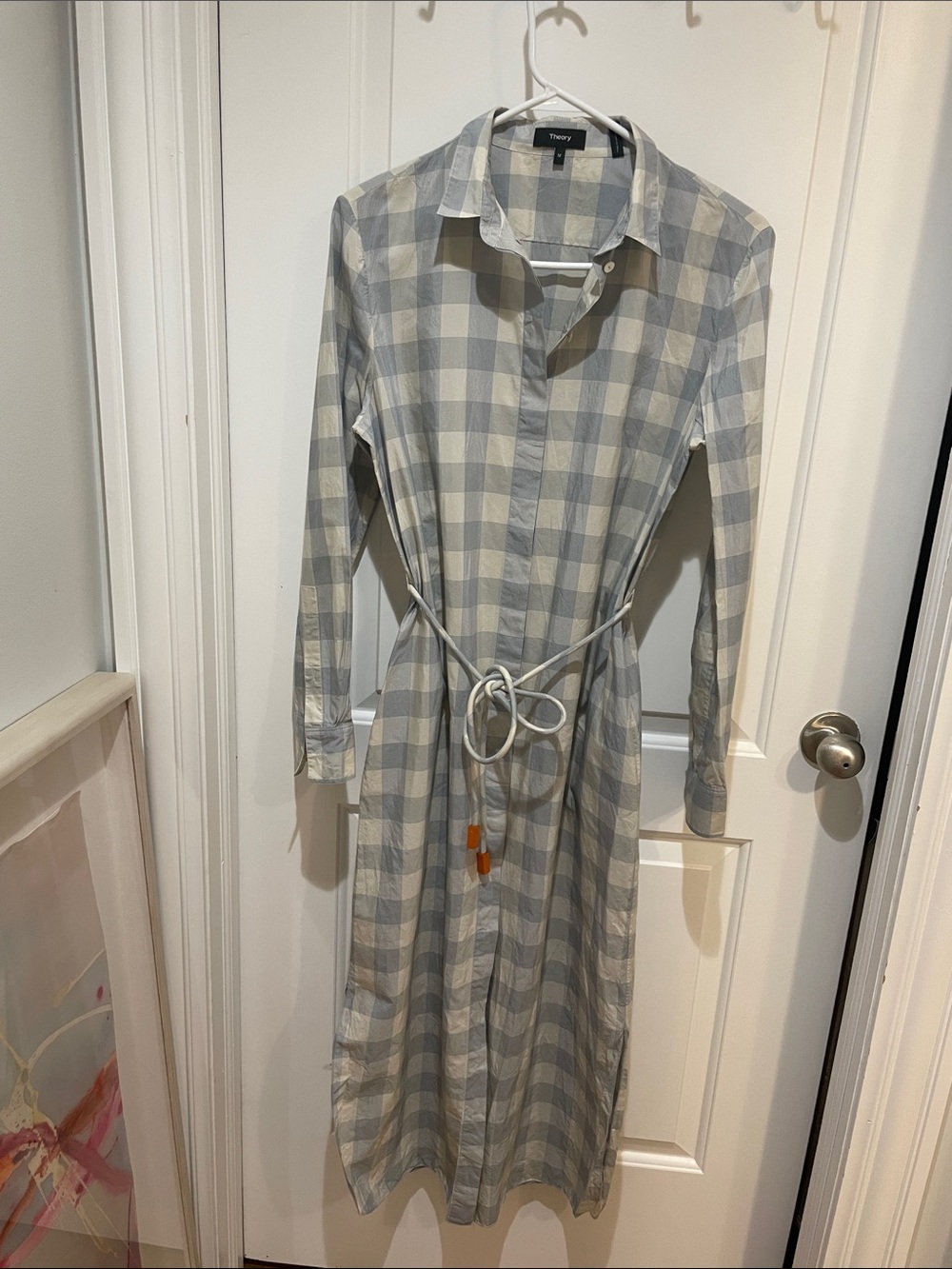 Theory Gray and White Long Sleeve Plaid Shirt Dress with Waist Tie